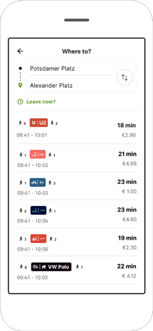 Route search results Screenshot of app route search results