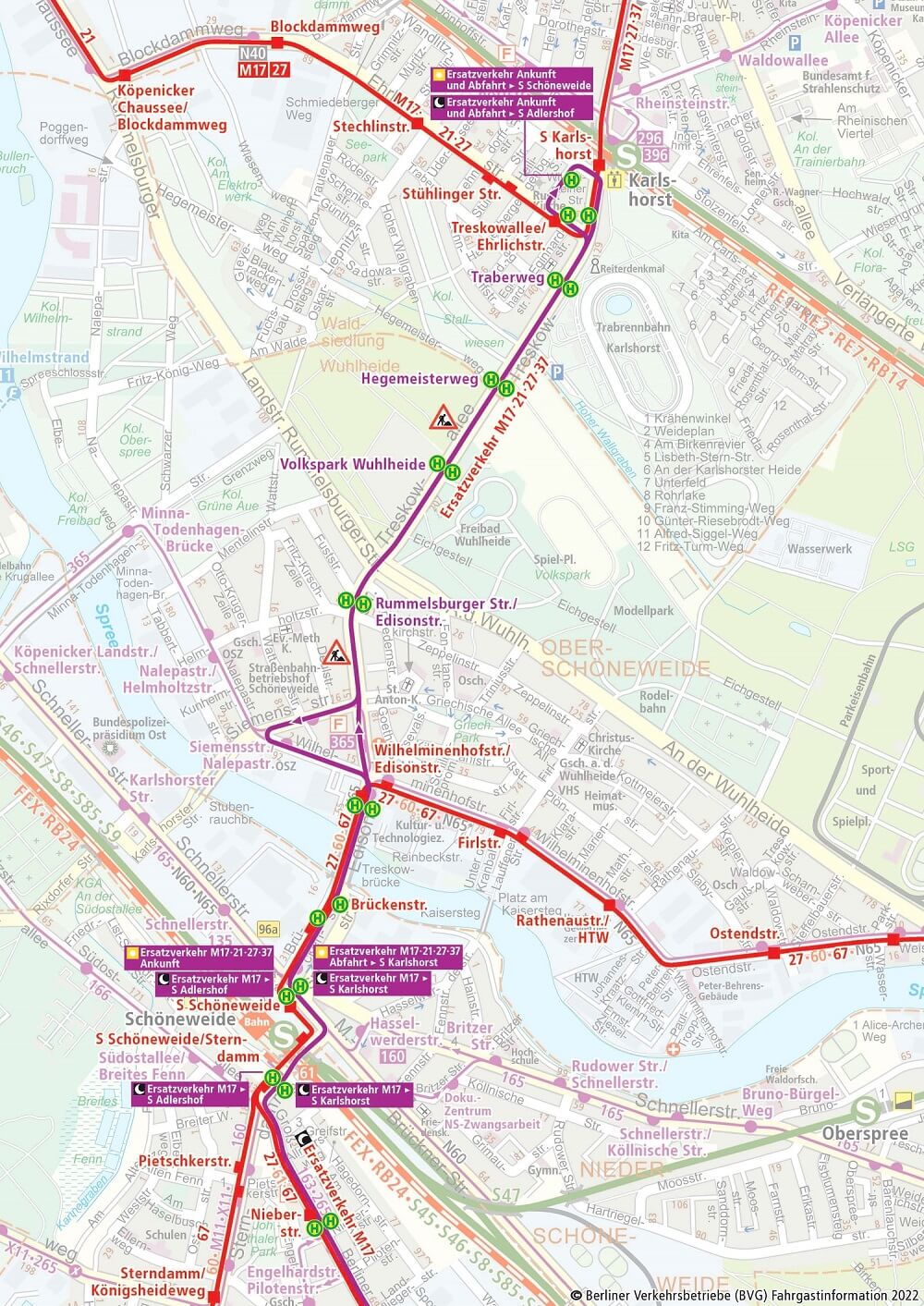 Übersichtskarte zum Schienenersatzverkehr Treskowallee Übersichtskarte zum Schienenersatzverkehr Treskowallee