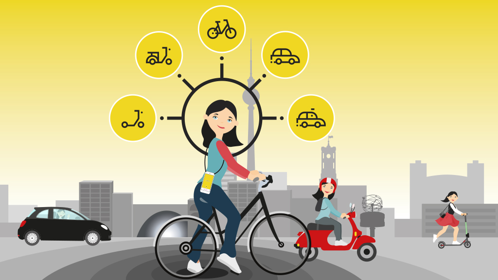 Jelbi-Paula auf Fahrrad vor Berlin-Kulisse