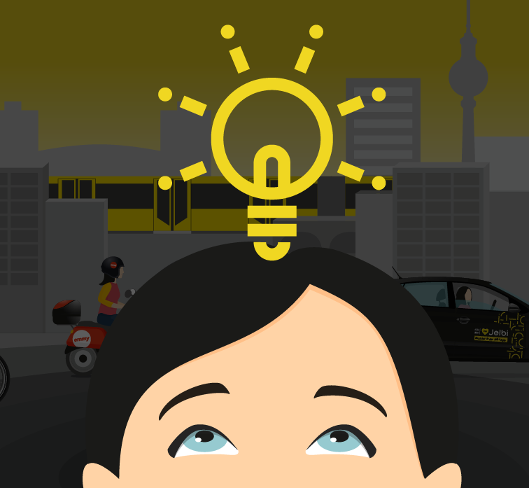 Bild zeigt eine junge Frau die nach oben guckt und eine Idee hat, die mit eine Glühbirne visualisiert wird.